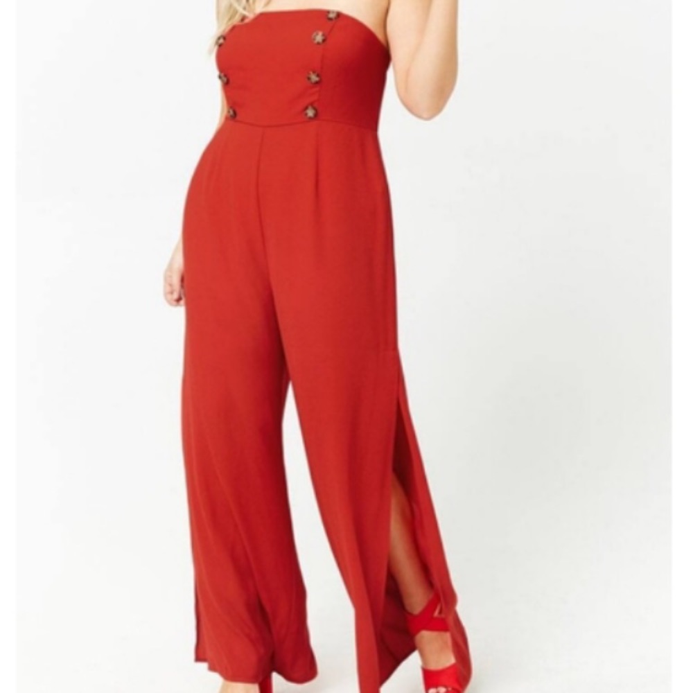 Forever 21 Red Strapless Wide-Leg Jumpsuit